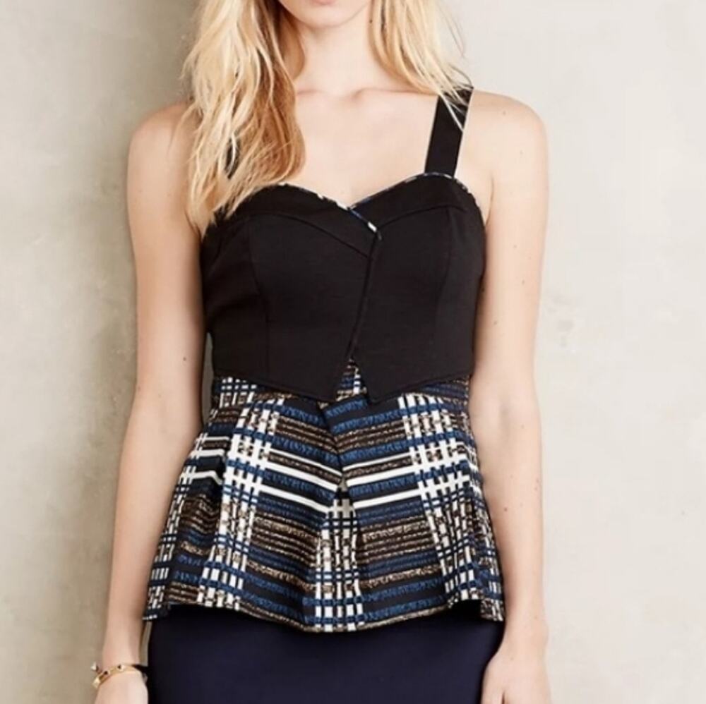 Anthropologie Deletta Nathalie Sleeveless Top Medium Plaid Metallic Black Blue